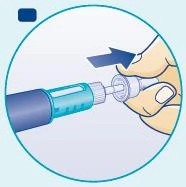 A hand holds a light blue injection pen and inserts it into a connecting device indicated by a dark blue arrow