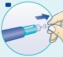 A hand holds a light blue injection pen and rotates a transparent cap clockwise as indicated by a blue arrow