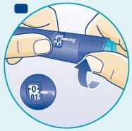 Two hands hold a blue medical device with a display showing 0 mg and a circular inset showing the value 0.01 mg