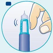 A hand holds an injection pen with an exposed needle on a light background surrounded by a circular light blue border