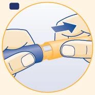Two hands holding a cylindrical blue and orange medical device and separating it with a pulling motion