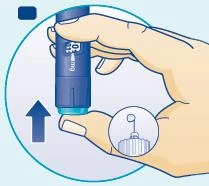 A hand holds a blue injection pen with an arrow pointing to the left