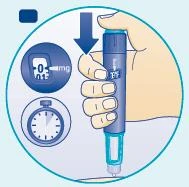 Medical illustration of a hand holding an injection pen with a digital display reading 0.01 mg and a timer beside it