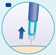 Illustration of an injection pen with a blue arrow pointing to the left