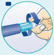 A hand rotates the top part of an injection pen downward following the direction of a curved blue arrow