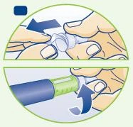 Two illustrations show hands removing a light blue cap and rotating the top part of a medical device for administration