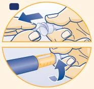 Two circular illustrations show hands handling a medical device to remove a cap and rotate a part of the mechanism