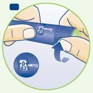 Two hands hold a blue medical device indicating 0.2 mg with a blue arrow showing a rotational or activation movement