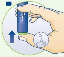 A hand grips a blue injection pen with an arrow pointing to the left