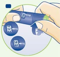 Two hands hold a blue medical device with dosage indicators showing values such as 1.2 mg and 5.8–6.0 mg on a light background