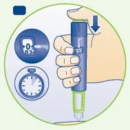A hand holds a blue medical device with a display reading 0.02 mg and a stylized timer beside it to indicate timing