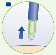 Illustration of a blue and green injection pen with a blue arrow indicating movement to the left