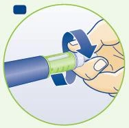A hand rotates the top part of a blue and green injection pen following the direction of a curved blue arrow