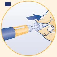 A hand holds a yellow and blue injector pen and presses the plunger