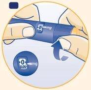 Two hands grip a blue medical device with a dosage indicator showing 0 mg, and an inset magnifies the numeric display detail