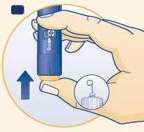 A hand grips a blue medical device with an arrow pointing to the left