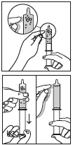 Technical drawing showing various stages of gripping and pressing the plunger of a single-use syringe with air bubbles