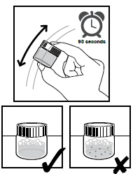 A hand shaking a vial for 90 seconds, with two examples of contents: one with bubbles and one without