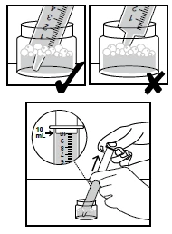 Diagram showing correct insertion of a syringe into a vial with balls, avoiding contact with the contents or container edges