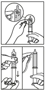 Diagram showing two hands holding an auto-injector pen to administer medication, with an enlarged detail of the tip