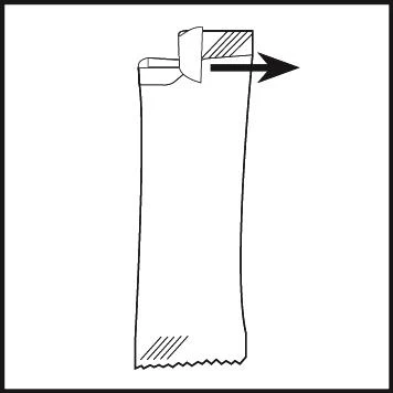 Black and white drawing of a vertical sachet with a black arrow indicating opening movement to the right at the top