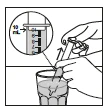 Hands holding a syringe to aspirate liquid from a cup, with an enlargement showing the 10 ml dose on the graduated scale