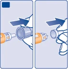 Две иллюстрации показывают, как рука надевает и снимает защитный колпачок с медицинского устройства с помощью синих направляющих стрелок