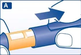 Медицинская иллюстрация с синей стрелкой, указывающей направление снятия защитного колпачка с цилиндрического оранжевого медицинского устройства