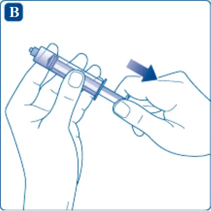 Dos manos que sujetan una jeringa para presionar el émbolo hacia abajo siguiendo la dirección de una flecha azul hacia el cuerpo de la jeringa