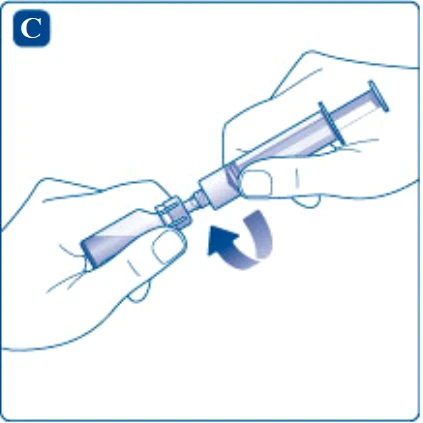 Dos manos que giran una jeringa para acoplarla a un frasco de vidrio, con una flecha azul que indica el movimiento de rotación hacia la izquierda