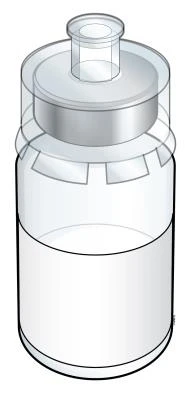 Cylindrical transparent medical vial with a screw cap and a white plastic top portion, lower body containing a colorless liquid