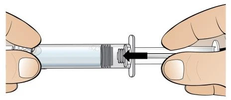 Two hands hold a transparent syringe while a black arrow indicates the plunger being pushed downward