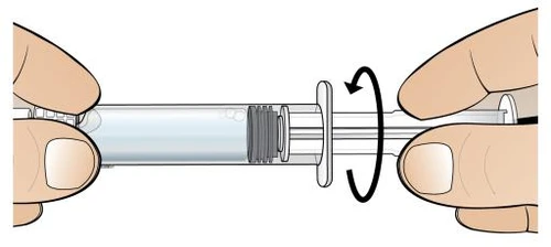 Two hands hold a syringe and rotate the upper part clockwise, following a black curved arrow to connect components