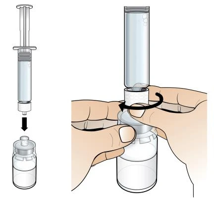 Medical illustration showing a syringe inserted into a glass vial and two hands rotating the cap to seal it