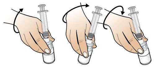 Three illustrations show hands holding a syringe inserted into a vial with rotational movements indicated by black curved arrows