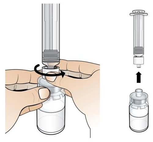 Two hands rotating a transparent syringe onto a glass vial to connect them, with a separate syringe shown above and bottom right