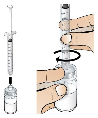 Two hands rotating a syringe onto a glass vial to connect them, with a curved arrow indicating rotational movement