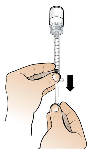 Two hands hold a syringe with a vial above, pressing the plunger downward as indicated by a vertical black arrow
