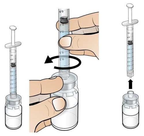 Medical illustration showing three steps for inserting the needle into the skin