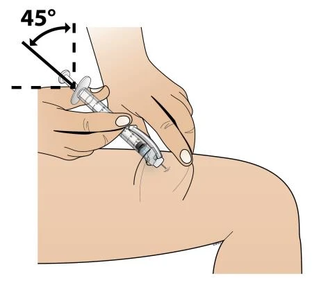 Illustration of a hand holding a syringe at a 45-degree angle to inject medication into the fatty tissue of the thigh