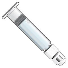 Technical drawing of a transparent syringe with a gray plunger and a white tip for attachment