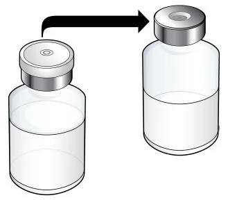 Diagram with a black arrow indicating the transfer from a full glass vial to a second glass vial containing liquid