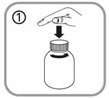 A finger presses down on the cap of a medical vial with a black downward arrow and a curved arrow on the body of the container