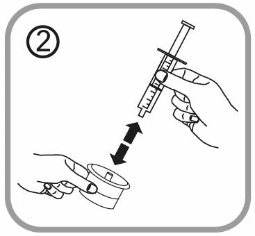 A hand holding a syringe moving it back and forth toward a vial held by another hand