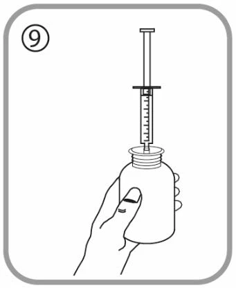 Black and white drawing showing a hand holding a vial while a syringe is inserted through the cap to aspirate liquid