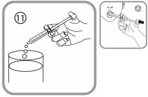 Technical drawing numbered 11 showing a hand dropping liquid from a syringe into a container, and number 12 showing a syringe in a mouth