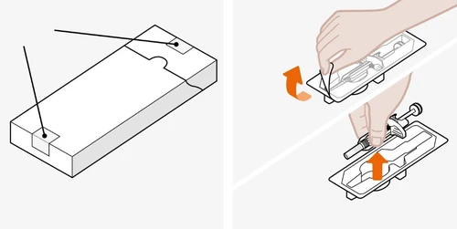 Схема, показывающая, как открыть прямоугольную упаковку и извлечь предварительно заполненный шприц из пластикового лотка двумя руками
