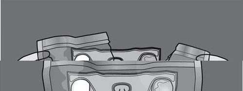 Stylized black and white drawing of several open medicine sachets arranged horizontally on a uniform gray background
