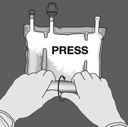 Two gloved hands pressing and rotating the bottom part of a medical bag to push the contents downward
