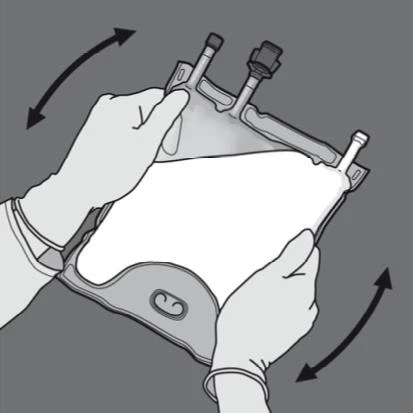 Two hands holding and gently shaking an infusion bag containing liquid, indicated by curved arrows suggesting movement